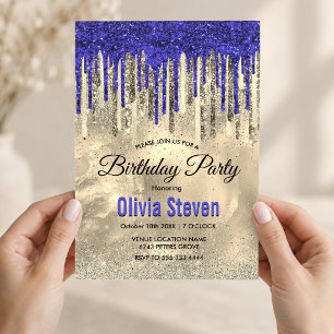 Chic royal blue gold glitter drips monogram invitation