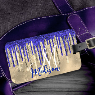 Chic royal blue gold glitter drips monogram luggage tag