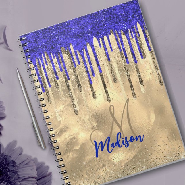 Chic royal blue gold glitter drips monogram notebook (Creator Uploaded)