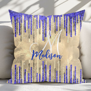 Chic royal blue gold glitter drips monogram throw pillow