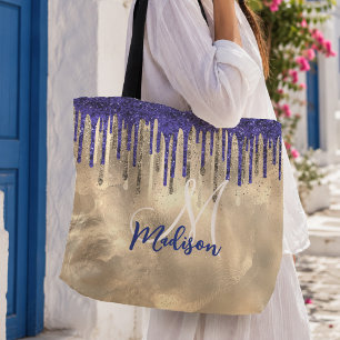 Chic royal blue gold glitter drips monogram tote bag