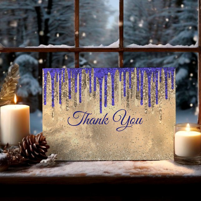 Chic royal blue gold glitter drips thank you card (Creator Uploaded)