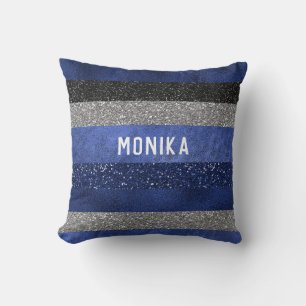 Chic Royal Blue Silver Faux Glitter Monogram Throw Pillow