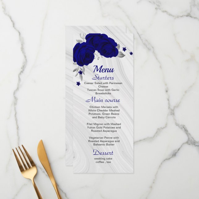 chic royal blue silver grey floral wedding menu (Front/Back In Situ)
