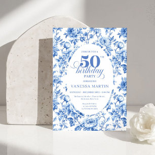 Chic Royal Blue Toile de Jouy 50th Birthday Invite