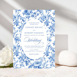 Chic Royal Blue Toile de Jouy Romantic Wedding  Invitation