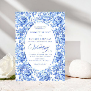 Chic Royal Blue Toile Floral Wedding Invitation