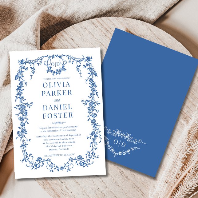 Chic Royal Blue Victorian French Wedding Monogram Invitation (Creator Uploaded)