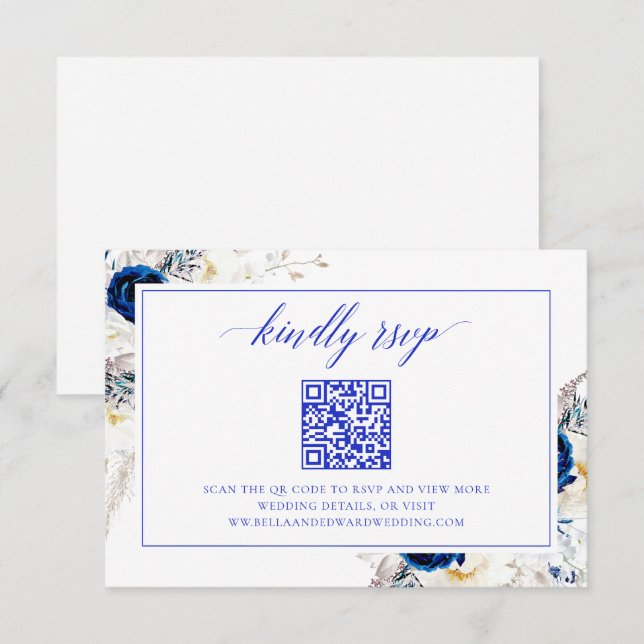 Chic Royal Blue Wedding Website RSVP QR Code Card (Front/Back)
