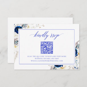 Chic Royal Blue Wedding Website RSVP QR Code Card
