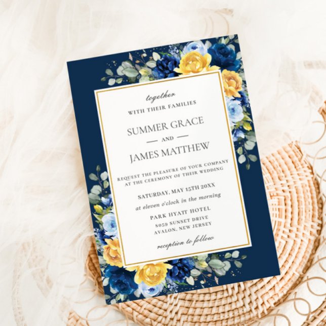 Chic Royal Dusty Navy Blue Yellow Floral Wedding Invitation (Creator Uploaded)