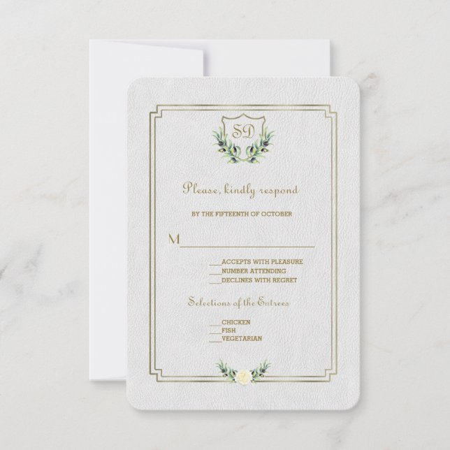 Chic Royal Gold Crest Lush Greenery Wedding RSVP Card (Front)