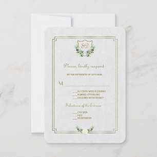 Chic Royal Gold Crest Lush Greenery Wedding RSVP Card