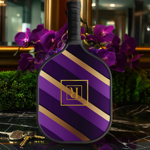 Chic Royal Purple and Gold Monogram Pickleball Paddle