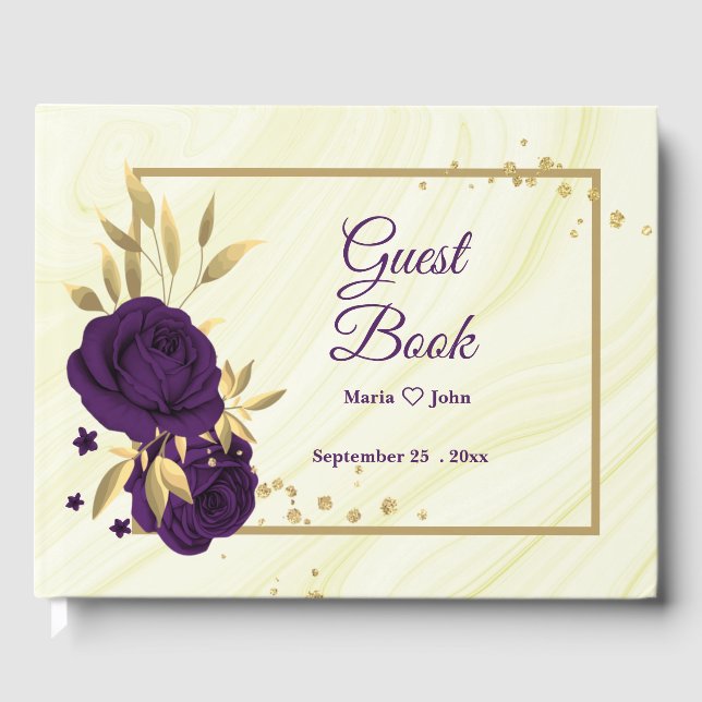 chic royal purple floral gold leaves geometric guest book (Front)