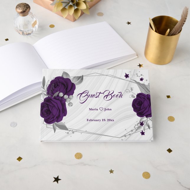 chic royal purple floral silver leaves geometric guest book (Front Open)