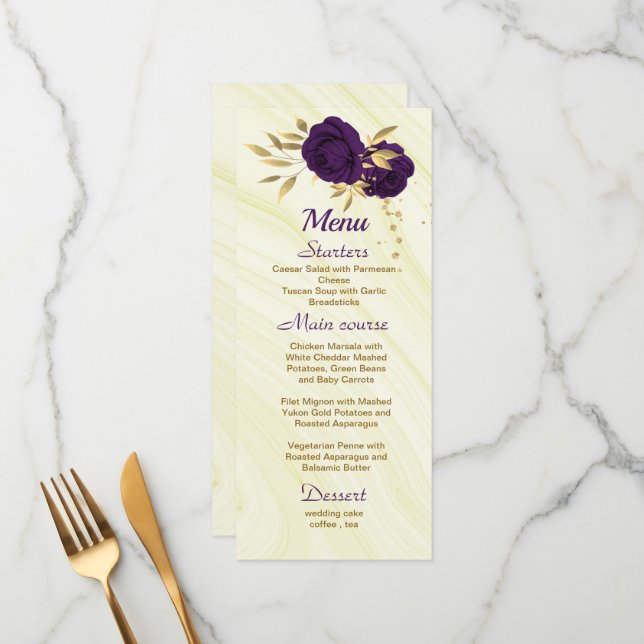 chic royal purple gold floral wedding menu (Front/Back In Situ)