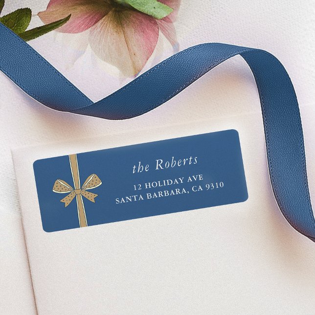 Chic Ruban Bow Bleu & Crème Adresse de Noël (elegant ribbon and bow blue Christmas return address labels)