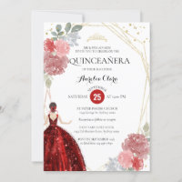Chic Ruby Red Floral Geometric Quinceañera