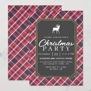 Chic Rustic Black Plaid Reindeer Christmas Party Invitation