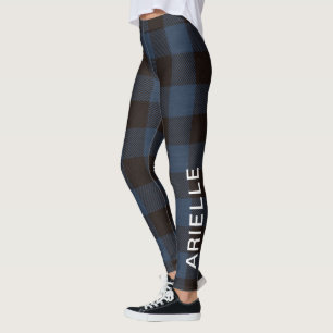 Chic Rustic Blue Buffalo Print with Name Leggings