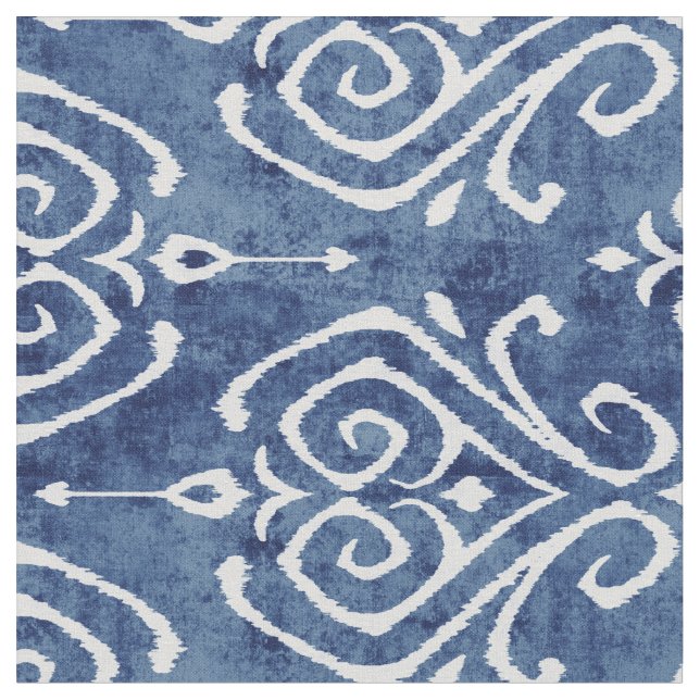 Chic rustic blue white damask ikat tribal patterns fabric (Close Up)