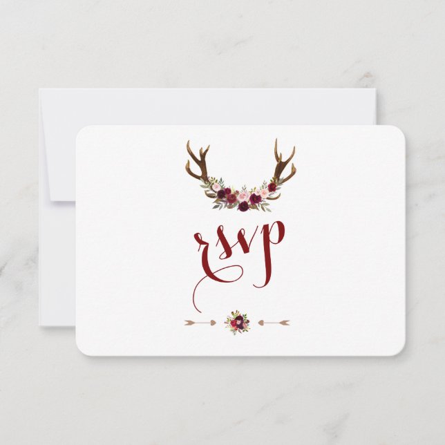 Chic Rustic Burgundy Floral Antlers RSVP (Front)