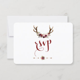 Chic Rustic Burgundy Floral Antlers RSVP Card