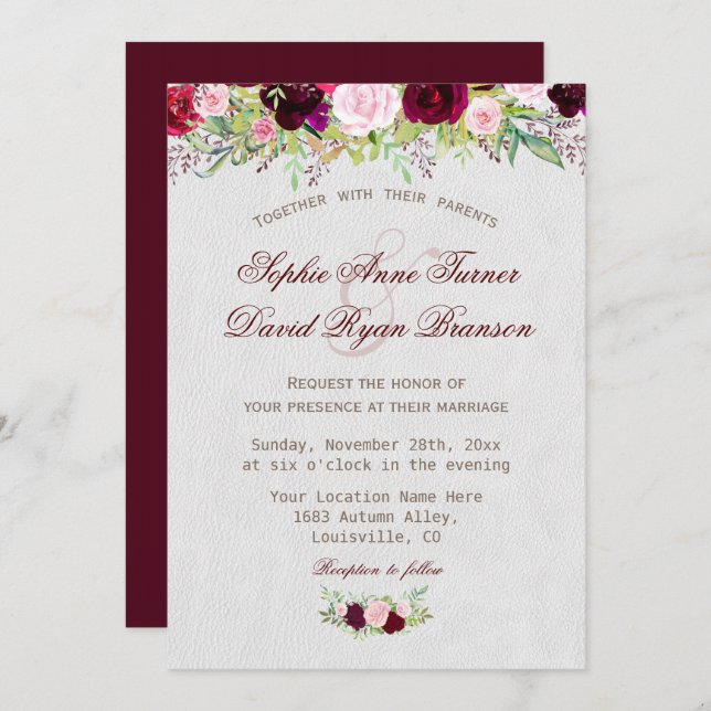 Chic Rustic Burgundy Marsala Floral Wedding Invitation (Front/Back)