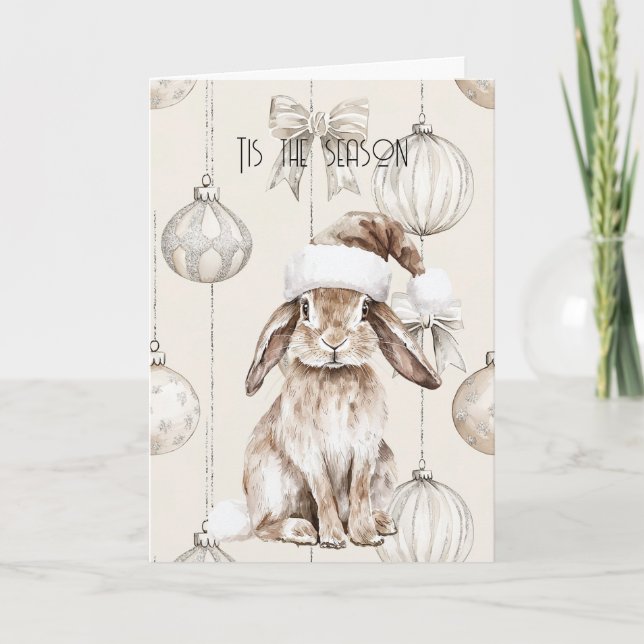 Chic Rustic Christmas Cream Bunny Ornaments Card (Front)