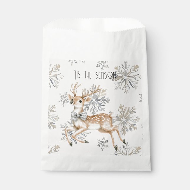 Chic Rustic Christmas Cream Deer Snowflakes Favour Bag (Front)