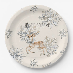 Chic Rustic Christmas Cream Deer Snowflakes Paper Plate