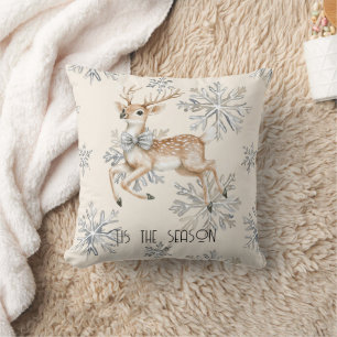 Chic Rustic Christmas Cream Deer Snowflakes Throw Pillow