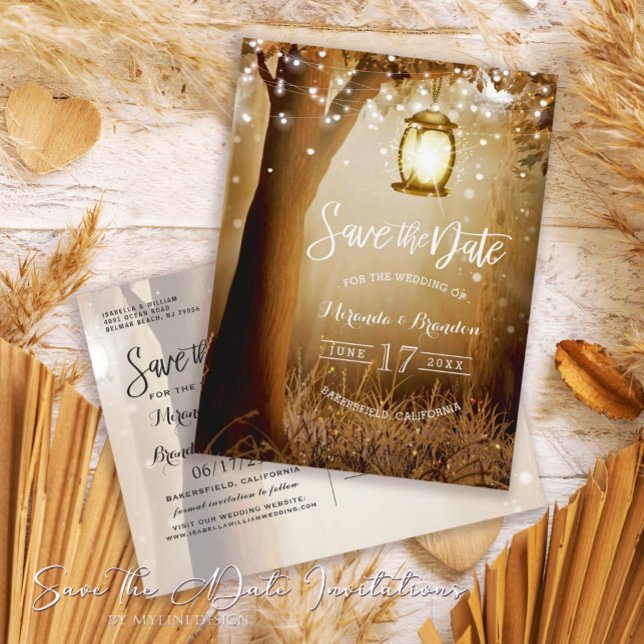Chic Rustic Country String Lights Save the Date Announcement Postcard (Creator Uploaded)