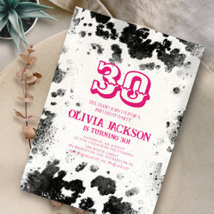 Chic Rustic Cow Print Hot Pink 30th Birthday Party Invitation