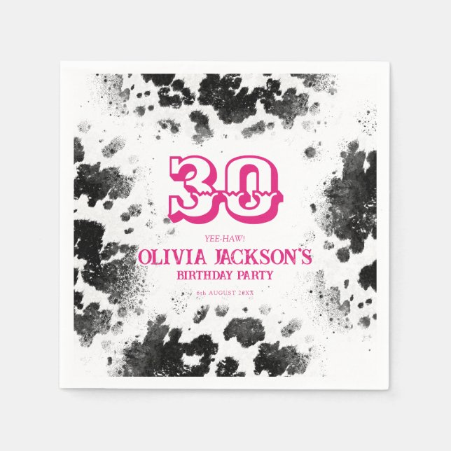 Chic Rustic Cow Print Hot Pink 30th Birthday Party Napkin (Front)