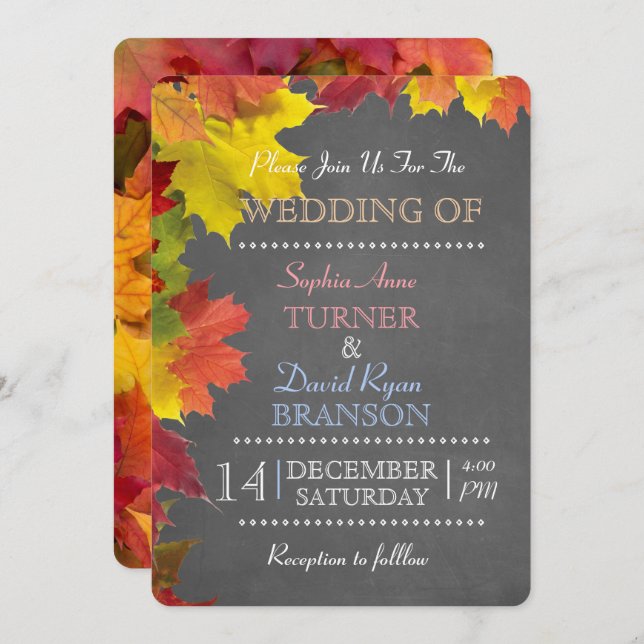 Chic Rustic Fall Leaves Chalk Wedding Invitation (Front/Back)