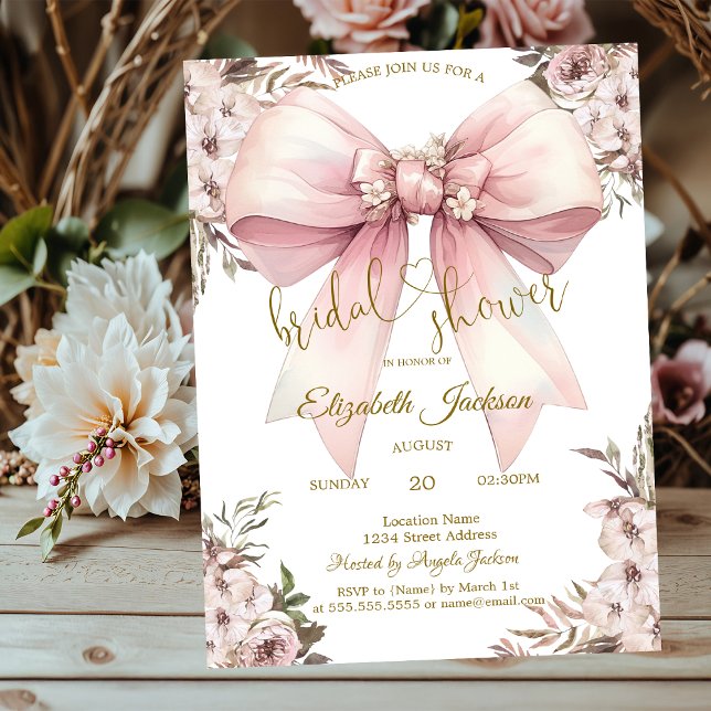 Chic Rustic Flowers Pink Bow Bridal Shower Invitation (Creator Uploaded)