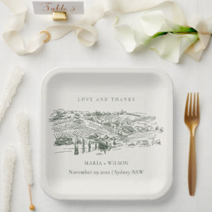 Chic Rustic Green Winery Mountain Sketch Wedding Paper Plate