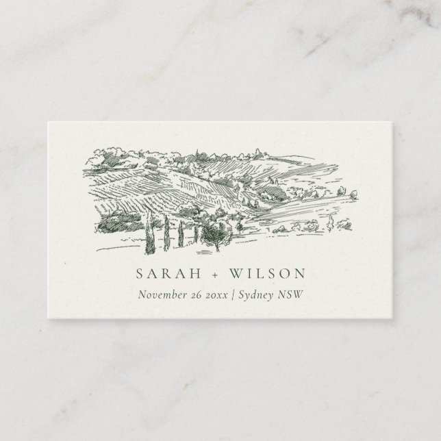 Chic Rustic Green Winery Mountain Sketch Wedding Place Card (Front)