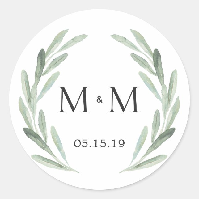Chic & Rustic Green Wreath Monogram Wedding Favour Classic Round Sticker (Front)