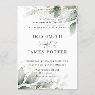 Chic Rustic Greenery Leafy Foliage Gold Wedding Invitation
