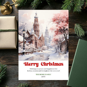 Chic rustic holiday scene minimalist pink city card