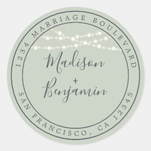 Chic Rustic Lights Green Wedding Return Address Classic Round Sticker
