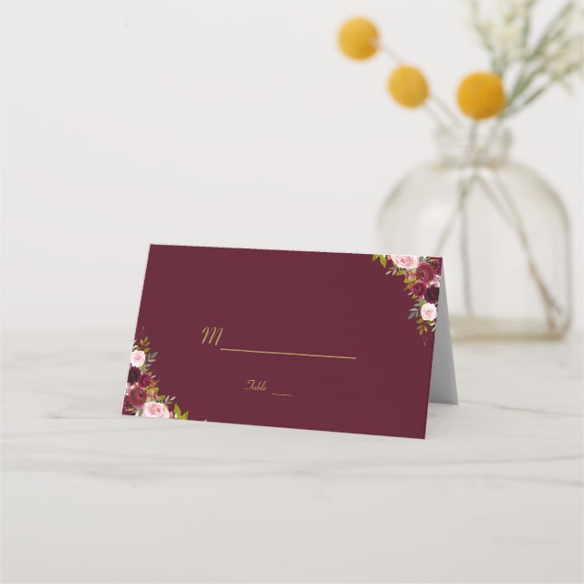 Chic Rustic Marsala Floral Burgundy Table Number Place Card (Front)