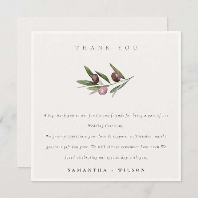 Chic Rustic Minimal Olive Branch Foliage Wedding Thank You Card (Front/Back)
