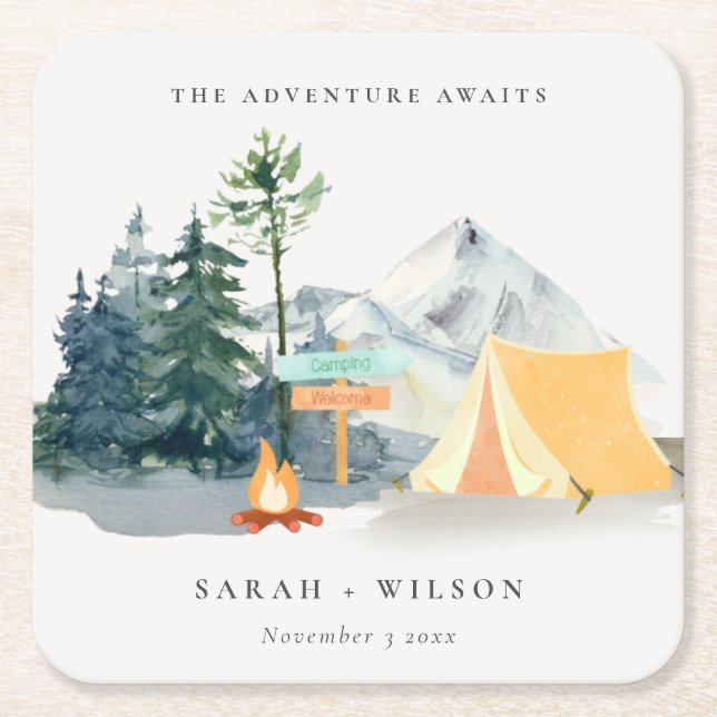 Chic Rustic Pine Woods Camping Mountain Wedding Square Paper Coaster (Front)