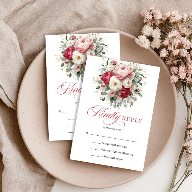 Chic Rustic Red Blush Floral Wedding RSVP Card (Chic Rustic Red Blush Floral Wedding RSVP)