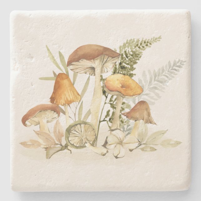 Chic Rustic Rust Orange Mushroom Fern Foliage Stone Coaster (Front)