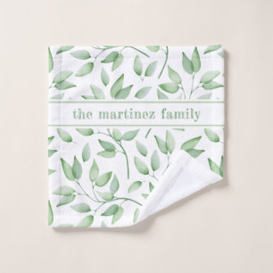 Chic Rustic Sage Green Watercolor Leaves and Name Wash Cloth